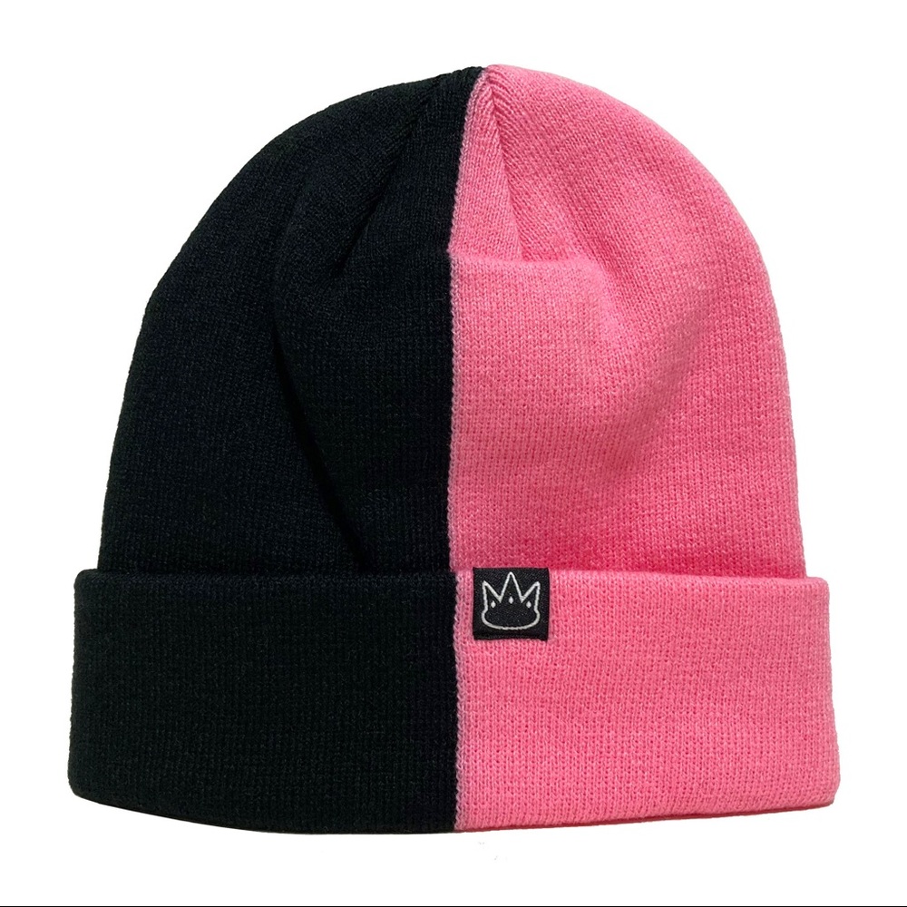 Jay Rauler Split Half BLACK PINK 2 Two Tone Cuff Beanie Knit Cap Hat ⭐️